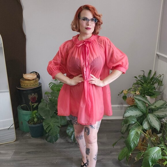 Vintage 1950's Double Tricot Nylon Chiffon Pink Nightgown by Vanity Fair - Picture 1 of 14